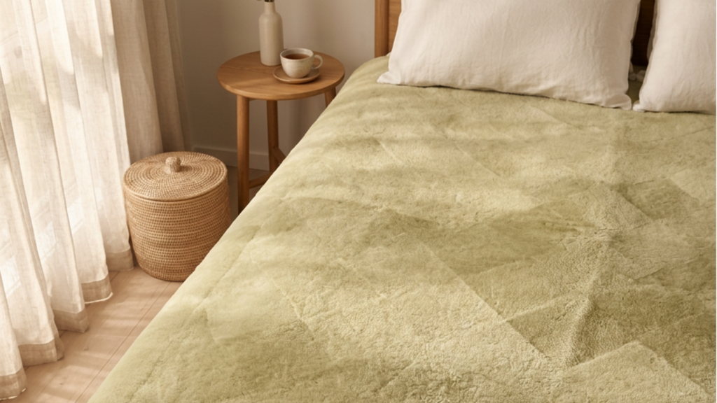 An australian merino wool rug and underlay styled in a warm, sunlit bedroom.