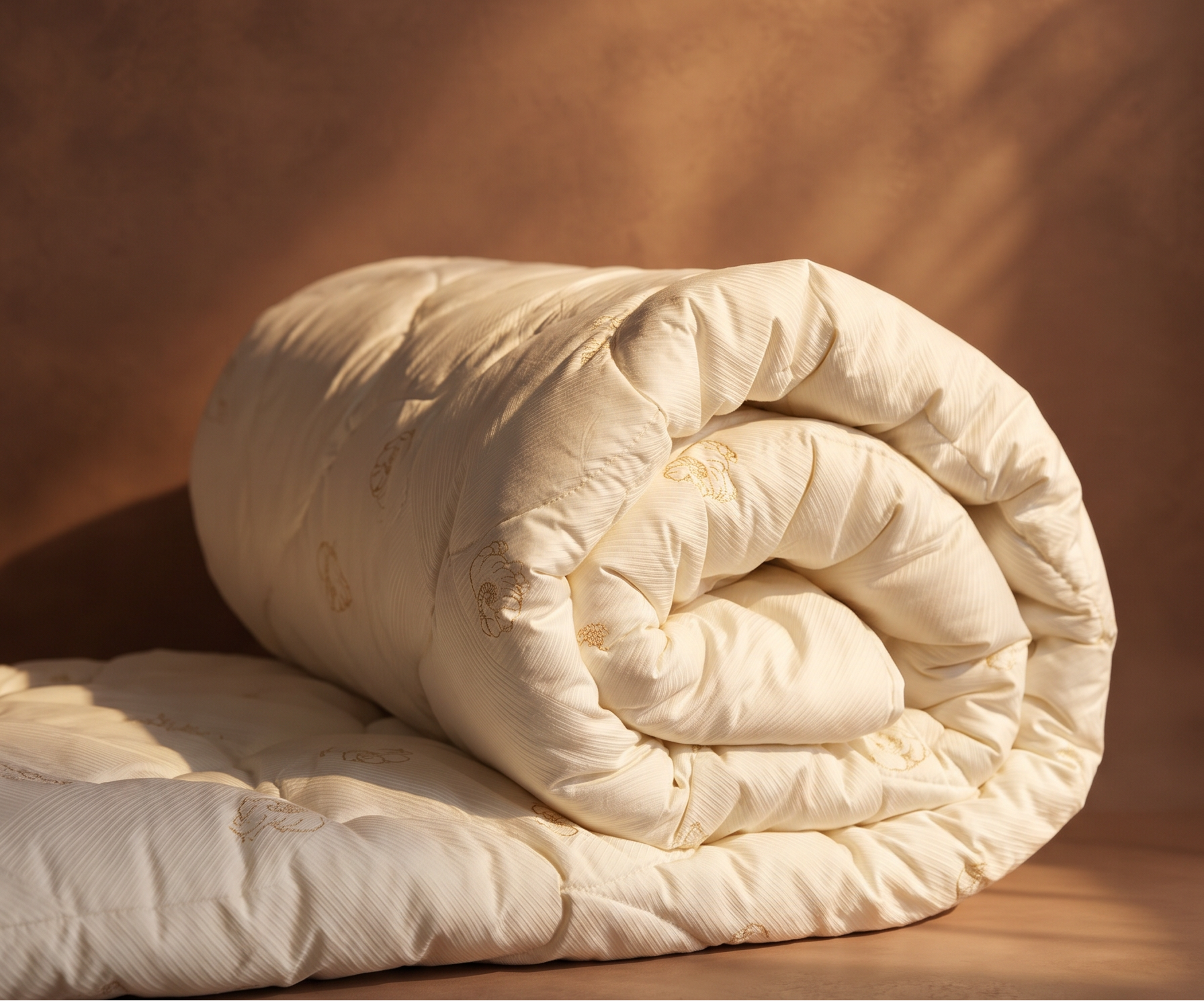 Rolled-up doona on a wooden surface with a warm brown background
