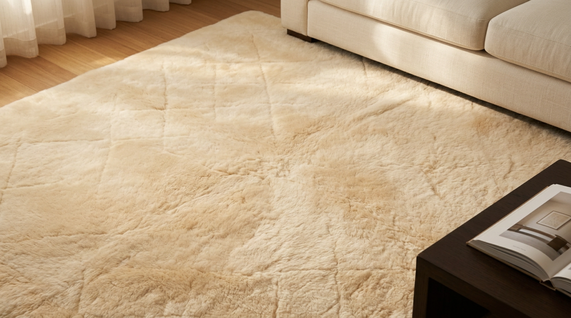 Beige wool rug in a living room setting with a sofa and coffee table.