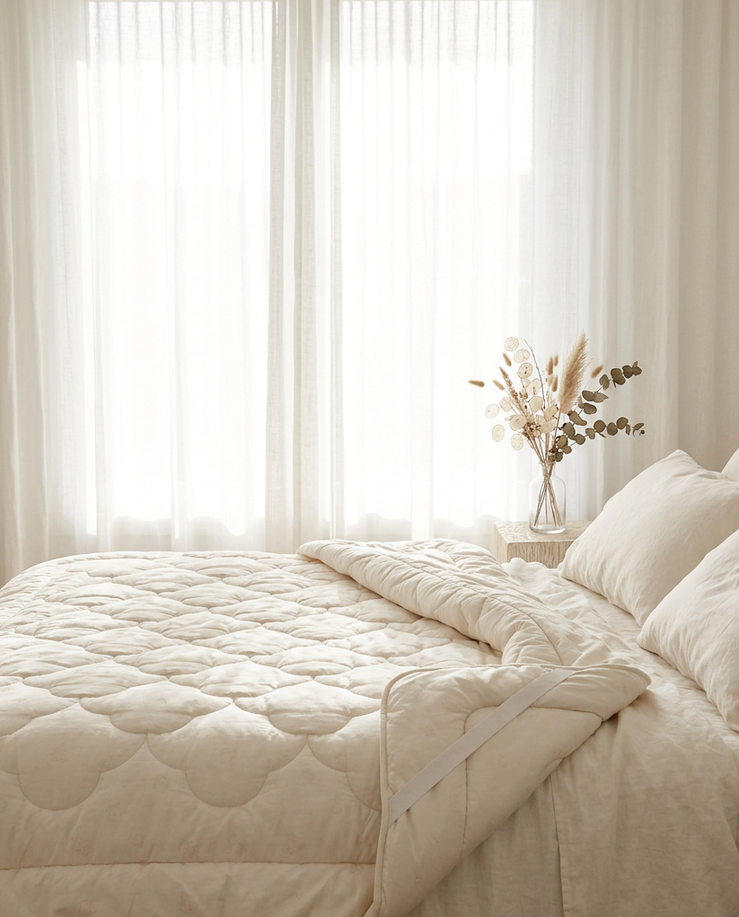 A neatly made bed in a softly lit bedroom, covered with a quilted cream quilt and matching cream bedding, including pillows and a folded back top section showing the underside. Sheer white curtains hang behind the bed, and a small vase with dried stems sits on a bedside table.
